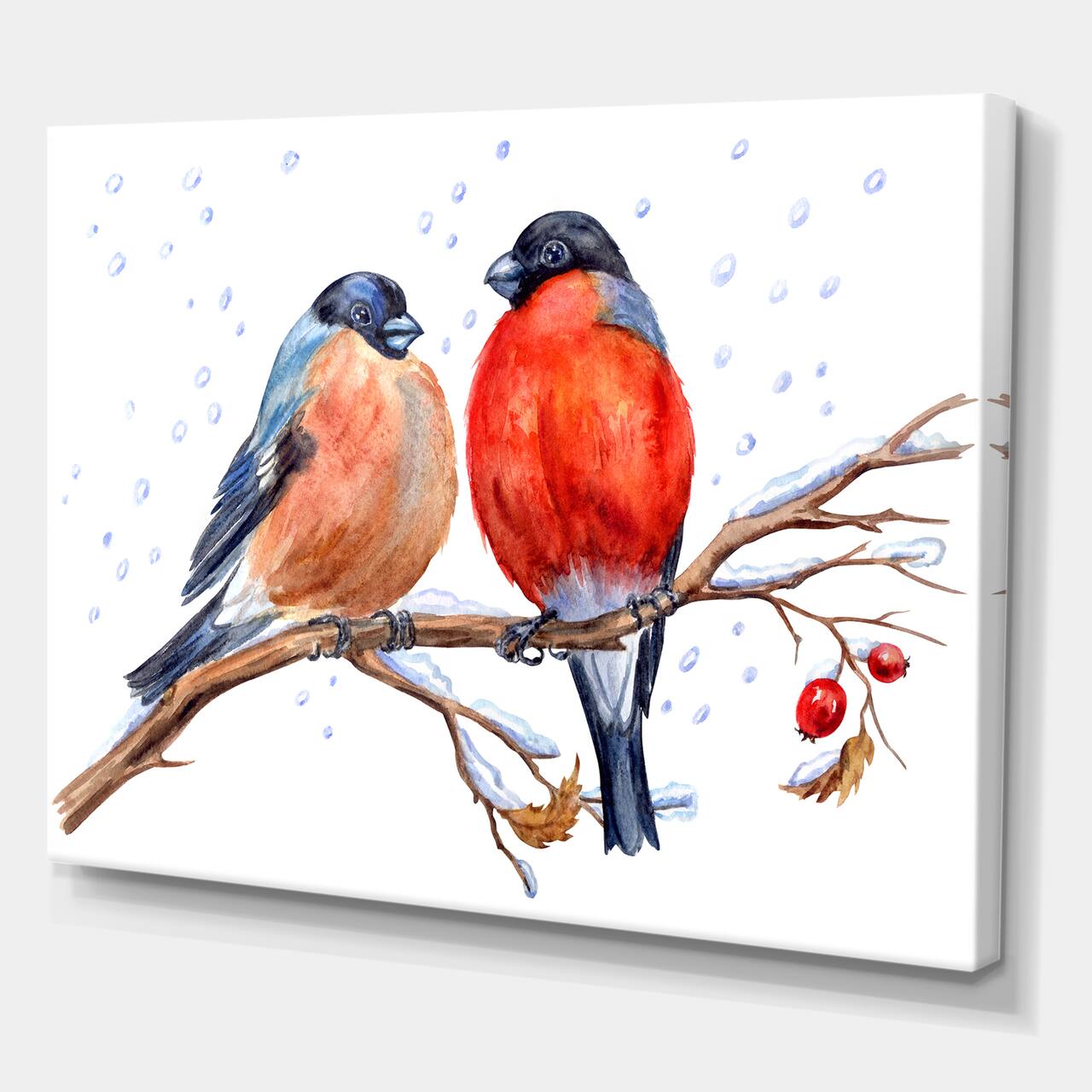 Designart - Two Bullfinches On A Hawthorn Branch with Snowfall - Traditional Canvas Wall Art Print